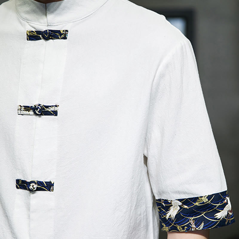 Buddha Stones無地 カエルボタン スタンドカラー メンズ 半袖 ホワイト クレーン コットンシャツ - image 17