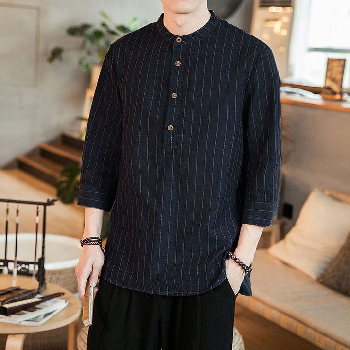 Buddha Stonesチェック柄 ハーフボタン スタンドカラー 七分袖 コットン メンズシャツ - スティールブルー - US/UK/AU46、 EU56 (5XL) - image 0