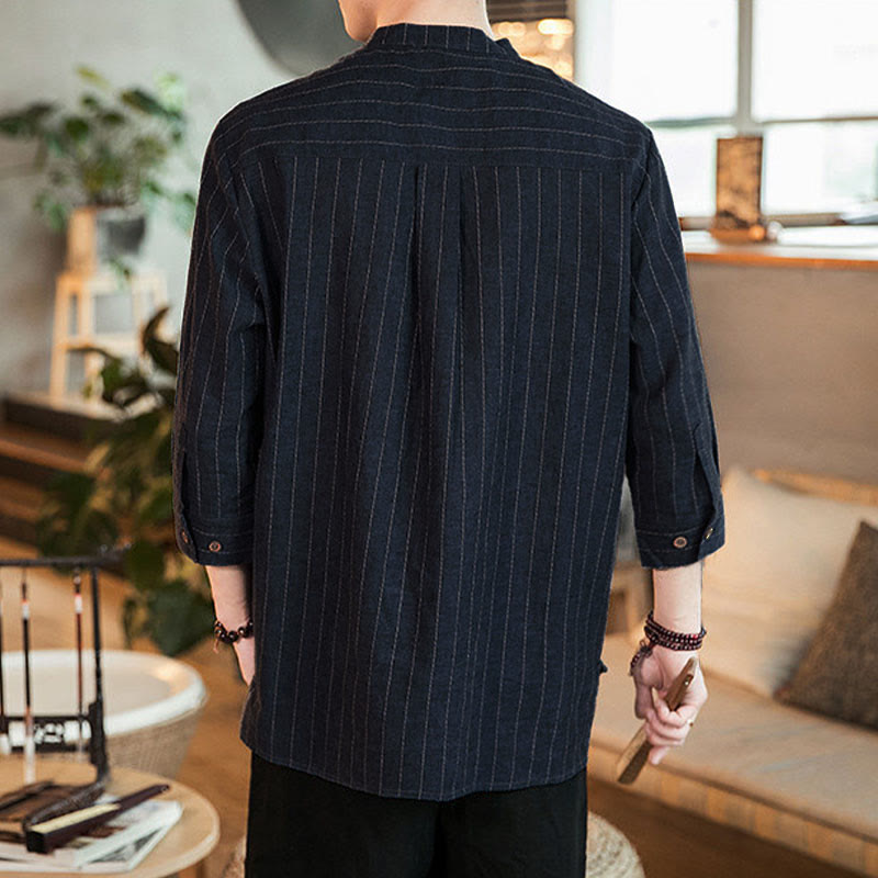 Buddha Stonesチェック柄 ハーフボタン スタンドカラー 七分袖 コットン メンズシャツ - image 3