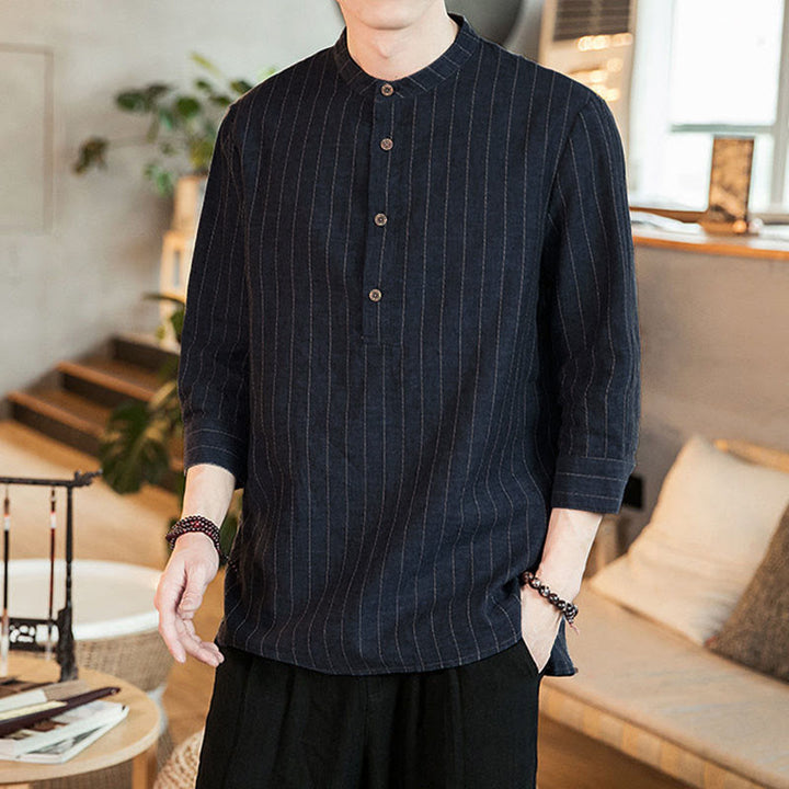 Buddha Stonesチェック柄 ハーフボタン スタンドカラー 七分袖 コットン メンズシャツ - image 6