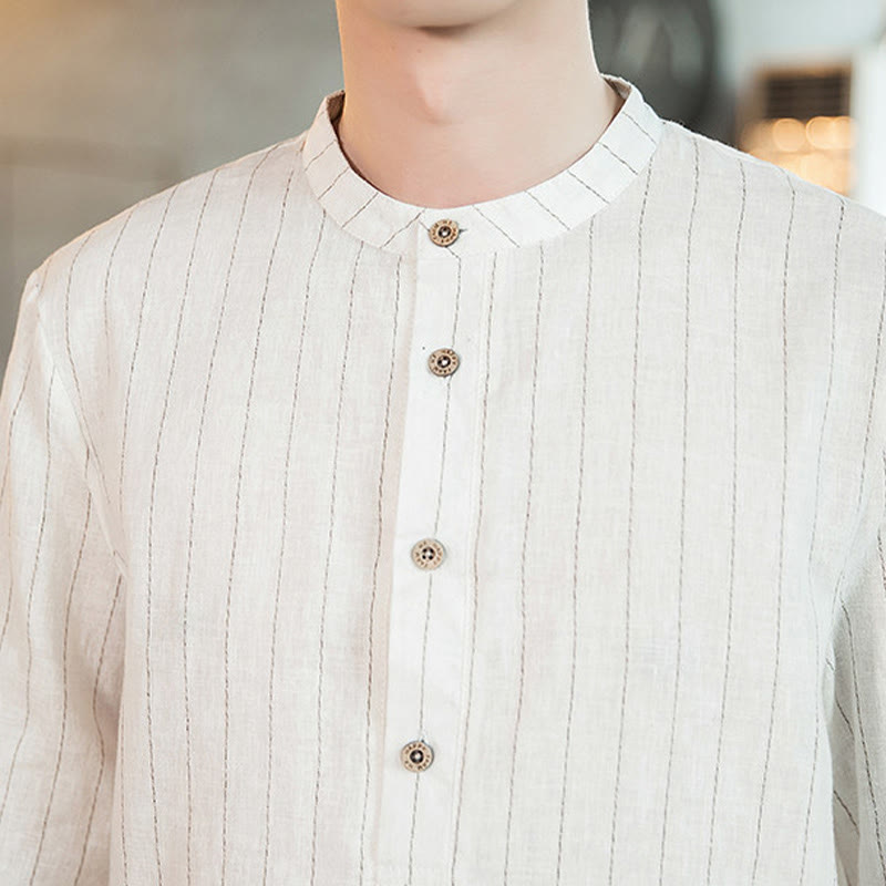 Buddha Stonesチェック柄 ハーフボタン スタンドカラー 七分袖 コットン メンズシャツ - image 18