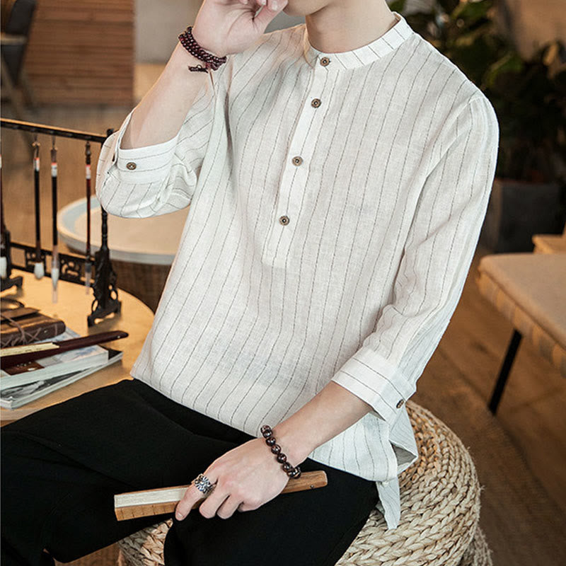 Buddha Stonesチェック柄 ハーフボタン スタンドカラー 七分袖 コットン メンズシャツ - image 17