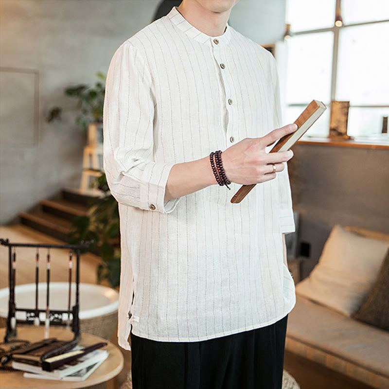 Buddha Stonesチェック柄 ハーフボタン スタンドカラー 七分袖 コットン メンズシャツ - image 13