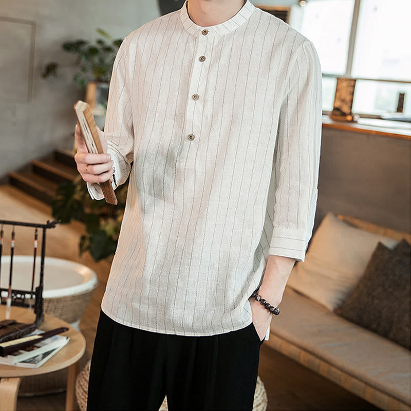 Buddha Stonesチェック柄 ハーフボタン スタンドカラー 七分袖 コットン メンズシャツ - image 15