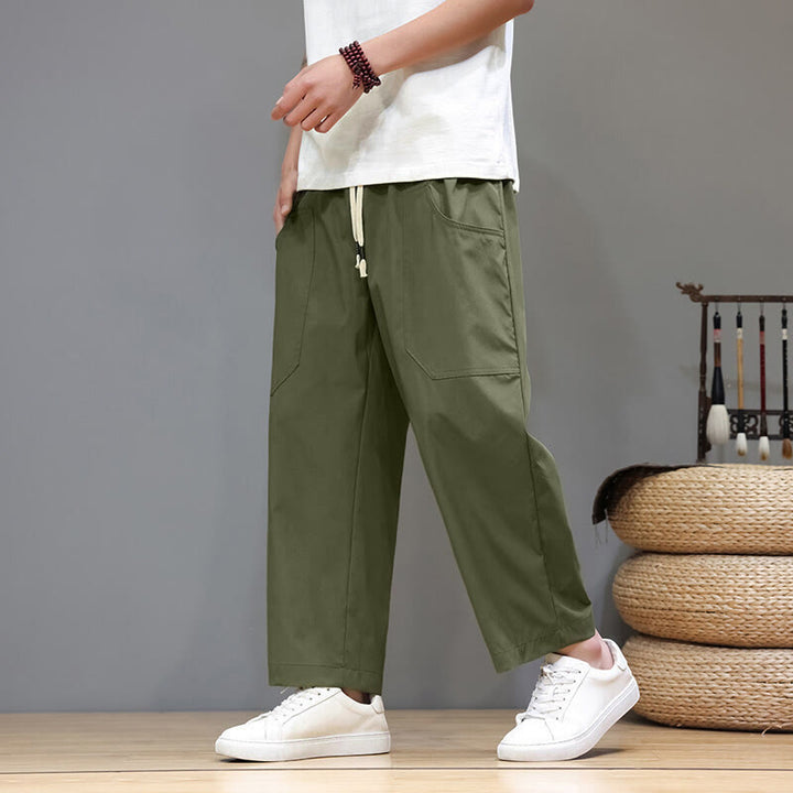 Buddha Stones夏用 無地 ドローストリング ストレートレッグ 7-8丈 メンズパンツ ポケット付き - オリーブドラブ - US/UK/AU46、 EU56 (5XL) - image 0