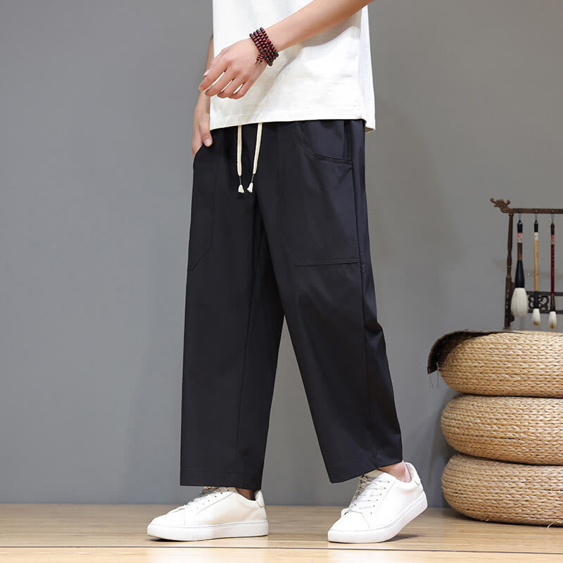 Buddha Stones夏用 無地 ドローストリング ストレートレッグ 7-8丈 メンズパンツ ポケット付き - 黒 - US/UK/AU46、 EU56 (5XL) - image 16