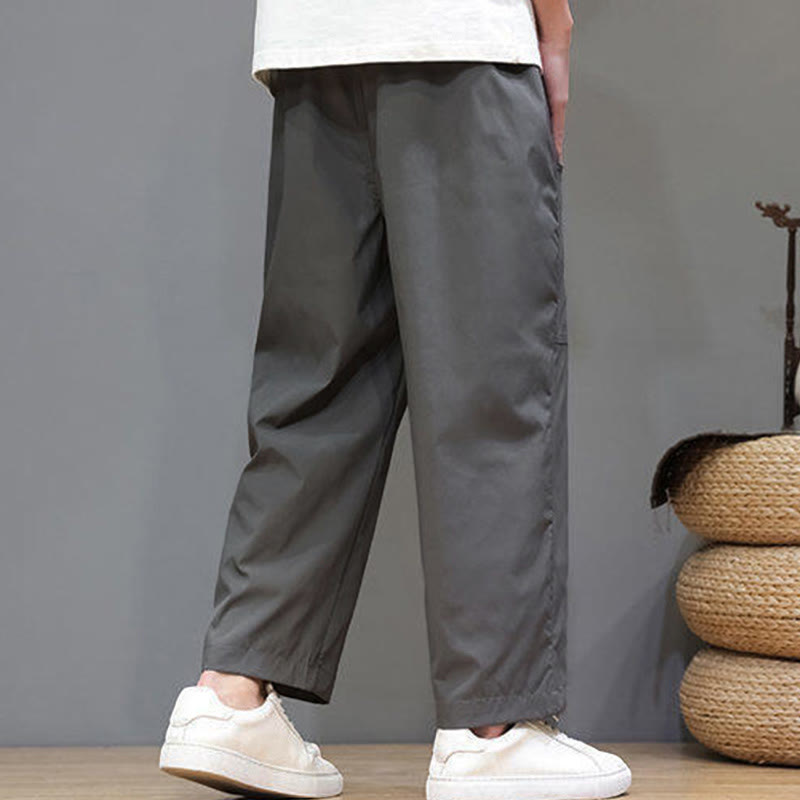Buddha Stones夏用 無地 ドローストリング ストレートレッグ 7-8丈 メンズパンツ ポケット付き - image 12