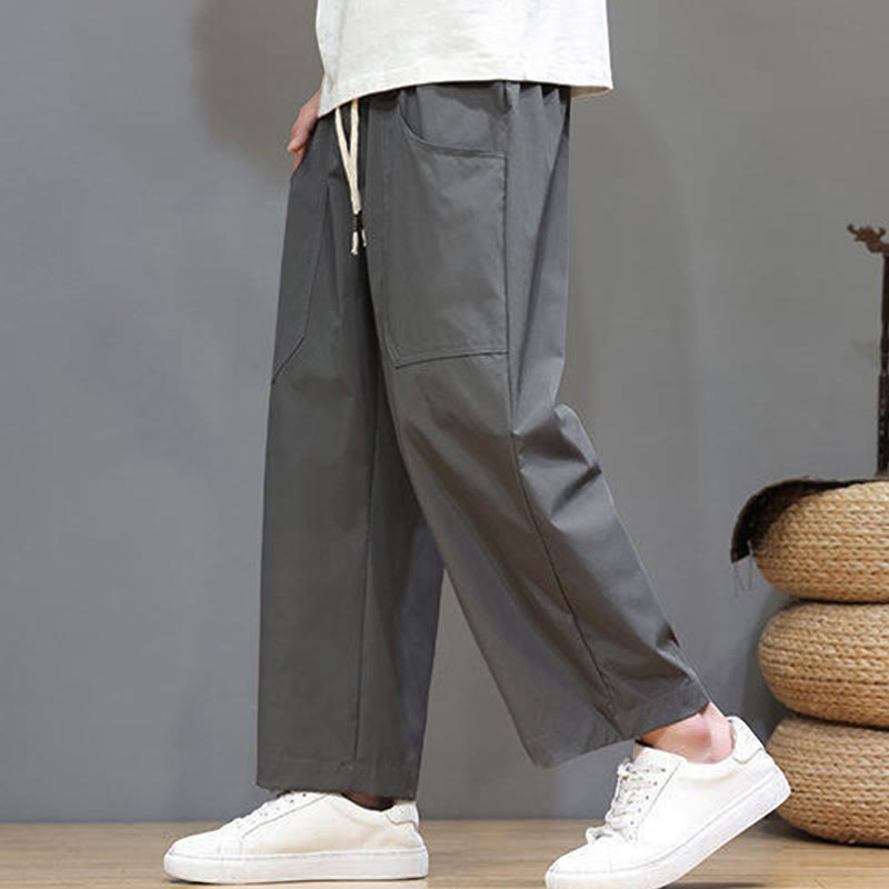 Buddha Stones夏用 無地 ドローストリング ストレートレッグ 7-8丈 メンズパンツ ポケット付き - image 11