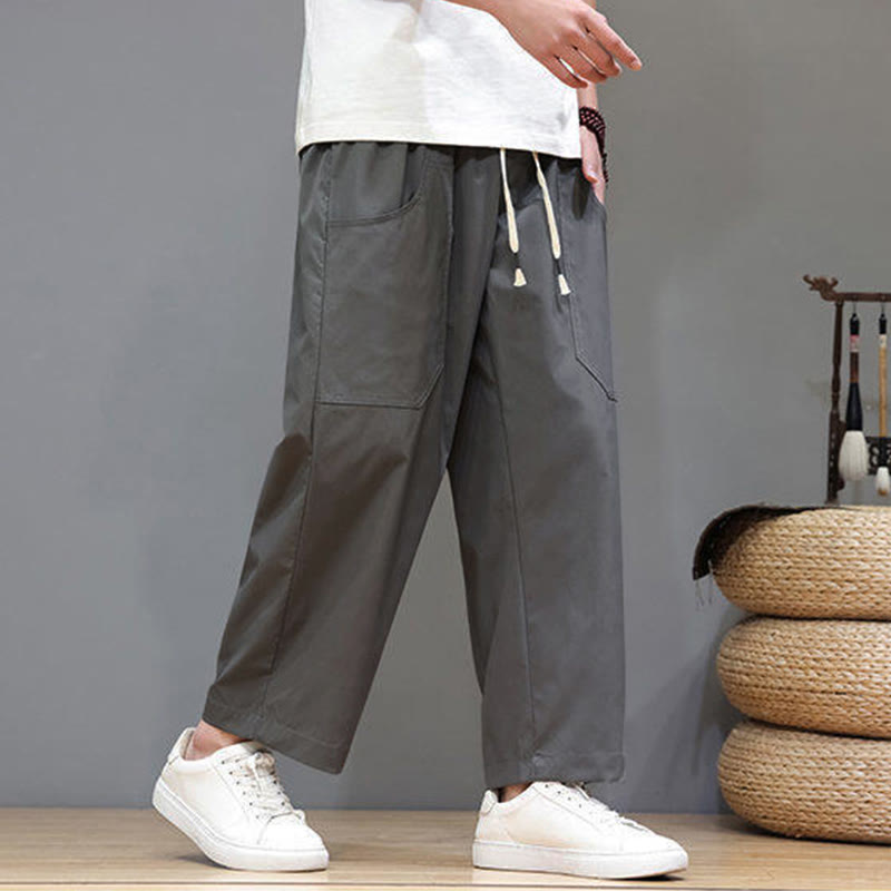 Buddha Stones夏用 無地 ドローストリング ストレートレッグ 7-8丈 メンズパンツ ポケット付き - image 10