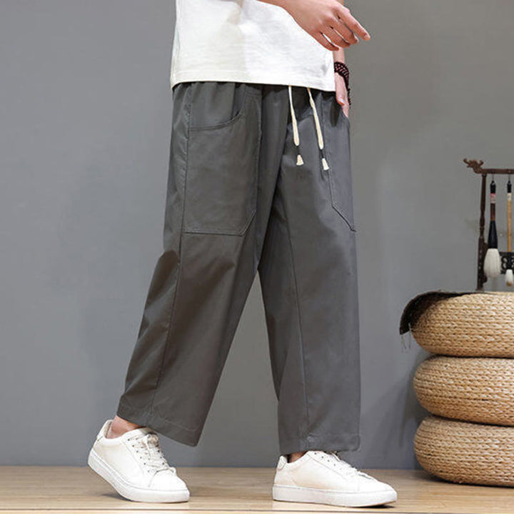 Buddha Stones夏用 無地 ドローストリング ストレートレッグ 7-8丈 メンズパンツ ポケット付き - image 10