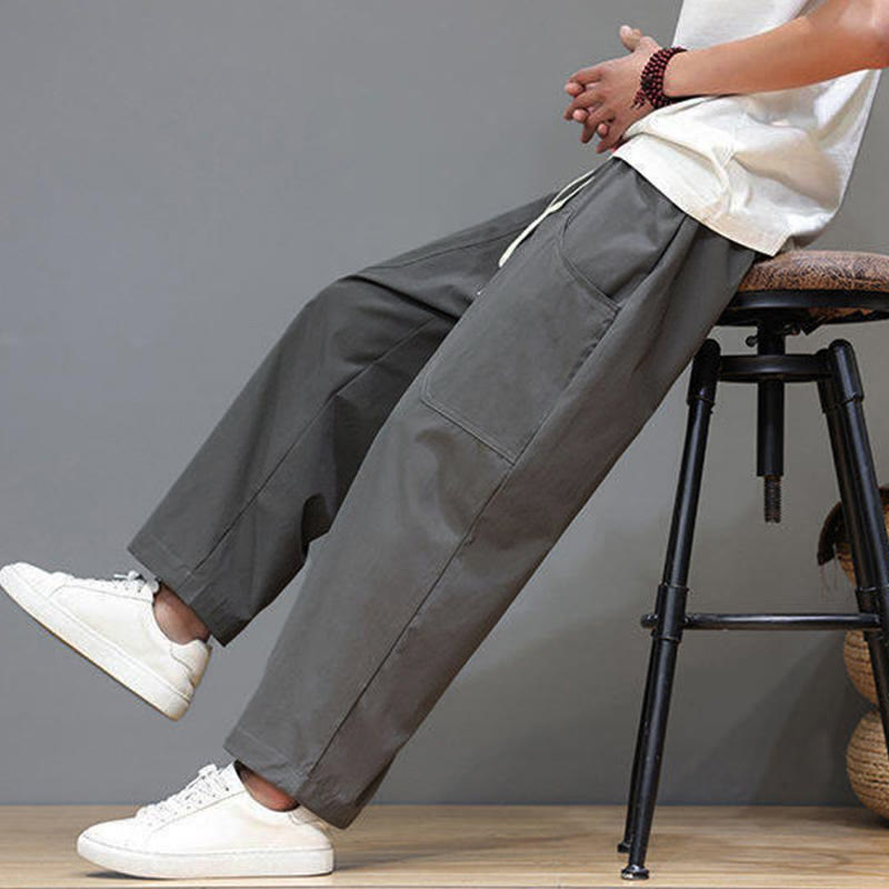 Buddha Stones夏用 無地 ドローストリング ストレートレッグ 7-8丈 メンズパンツ ポケット付き - image 15