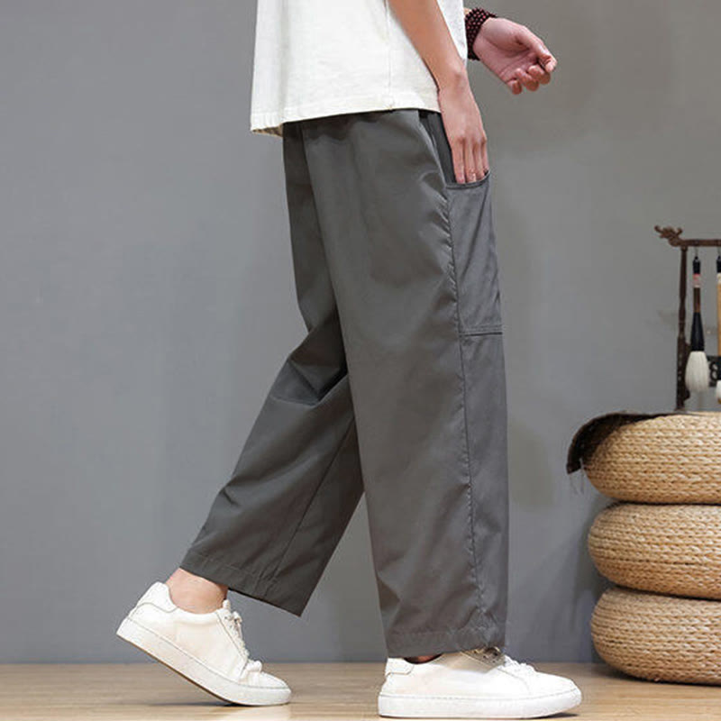 Buddha Stones夏用 無地 ドローストリング ストレートレッグ 7-8丈 メンズパンツ ポケット付き - image 13