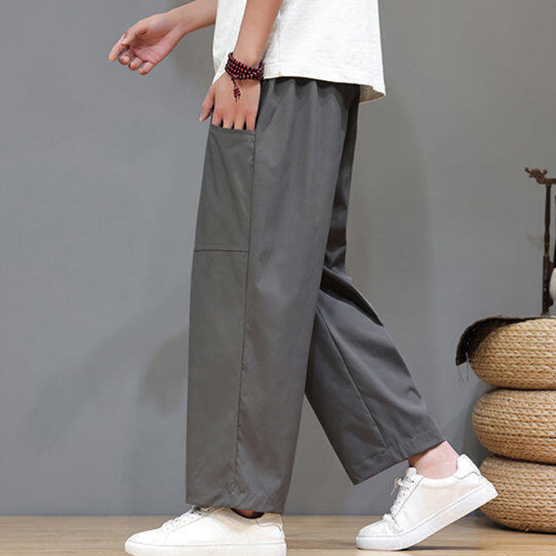 Buddha Stones夏用 無地 ドローストリング ストレートレッグ 7-8丈 メンズパンツ ポケット付き - image 14