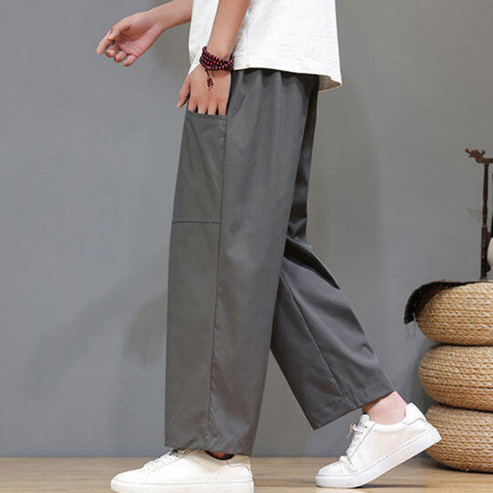 Buddha Stones夏用 無地 ドローストリング ストレートレッグ 7-8丈 メンズパンツ ポケット付き - image 14