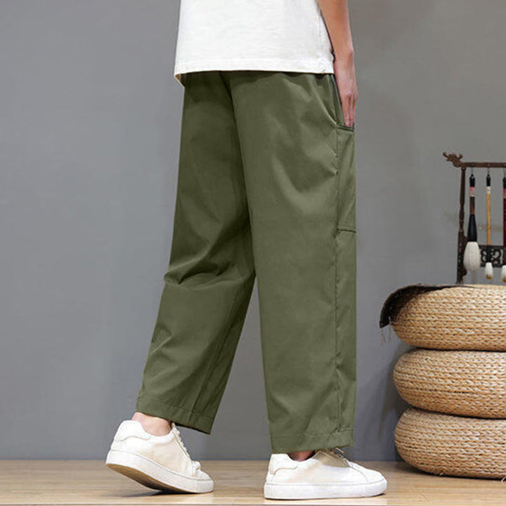 Buddha Stones夏用 無地 ドローストリング ストレートレッグ 7-8丈 メンズパンツ ポケット付き - image 6
