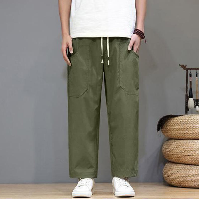 Buddha Stones夏用 無地 ドローストリング ストレートレッグ 7-8丈 メンズパンツ ポケット付き - image 1