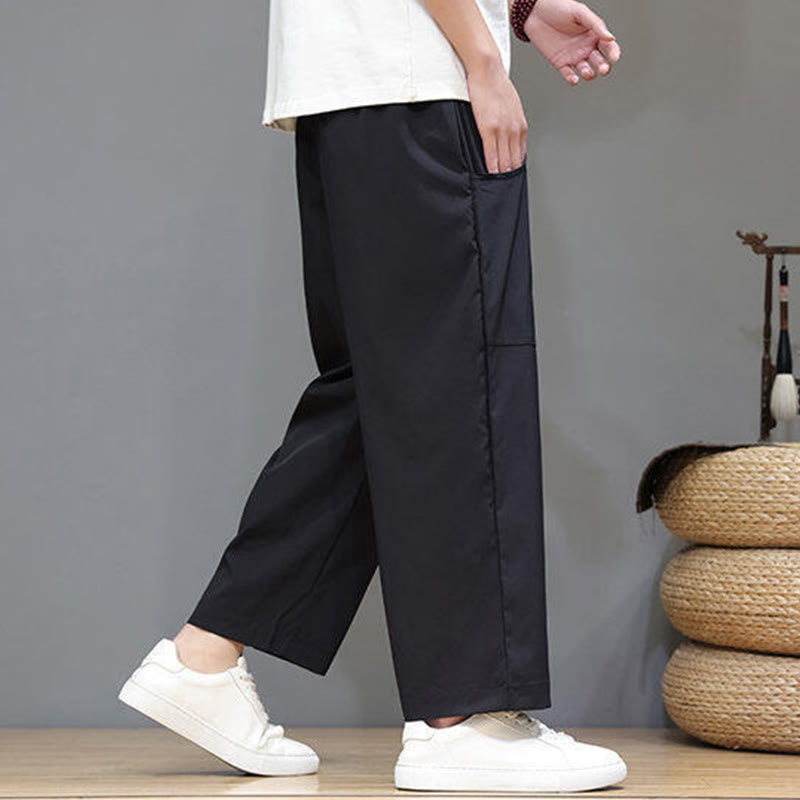 Buddha Stones夏用 無地 ドローストリング ストレートレッグ 7-8丈 メンズパンツ ポケット付き - image 18
