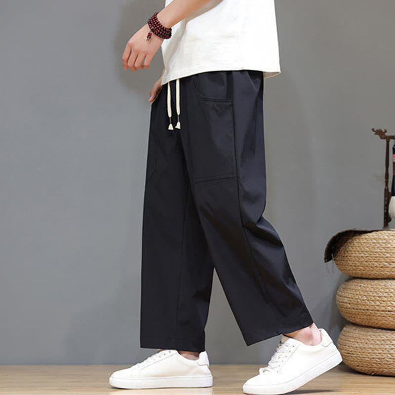 Buddha Stones夏用 無地 ドローストリング ストレートレッグ 7-8丈 メンズパンツ ポケット付き - image 21