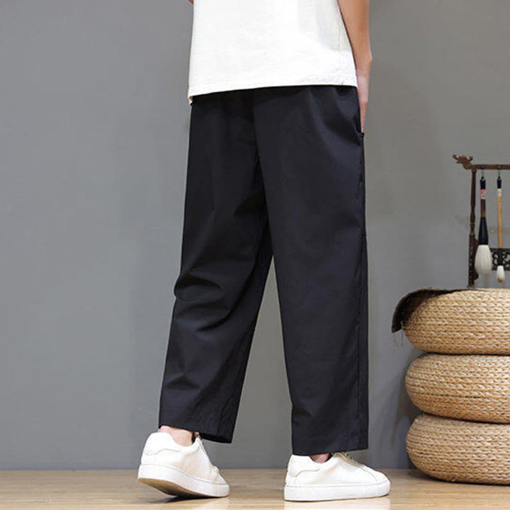 Buddha Stones夏用 無地 ドローストリング ストレートレッグ 7-8丈 メンズパンツ ポケット付き - image 20