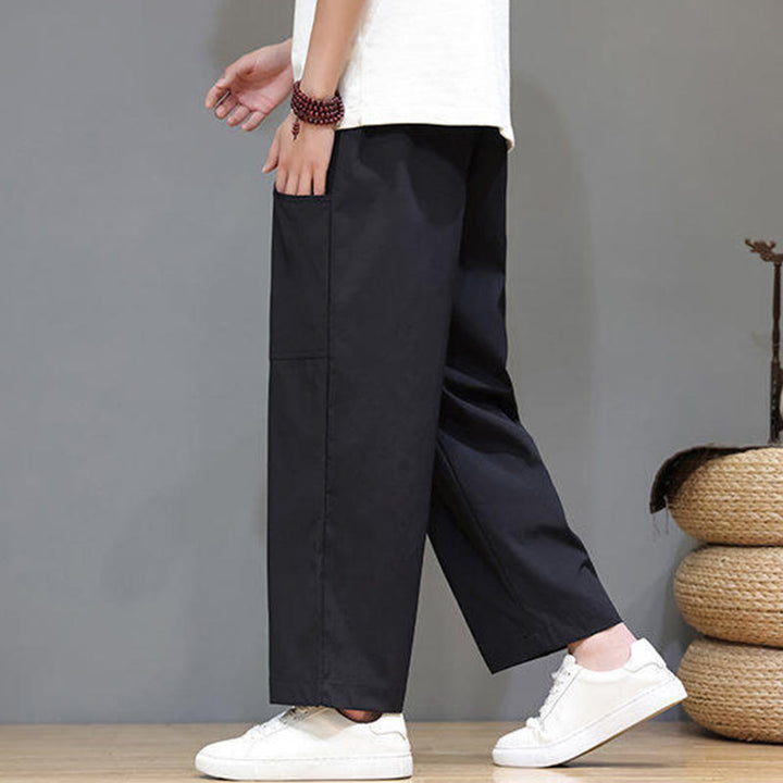 Buddha Stones夏用 無地 ドローストリング ストレートレッグ 7-8丈 メンズパンツ ポケット付き - image 19
