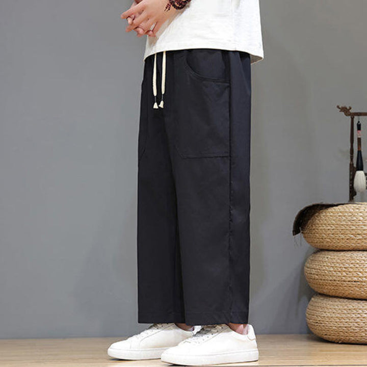 Buddha Stones夏用 無地 ドローストリング ストレートレッグ 7-8丈 メンズパンツ ポケット付き - image 22