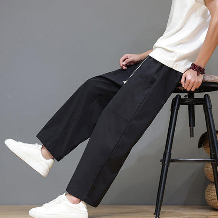 Buddha Stones夏用 無地 ドローストリング ストレートレッグ 7-8丈 メンズパンツ ポケット付き - image 23