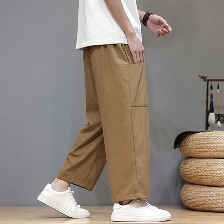 Buddha Stones夏用 無地 ドローストリング ストレートレッグ 7-8丈 メンズパンツ ポケット付き - image 26