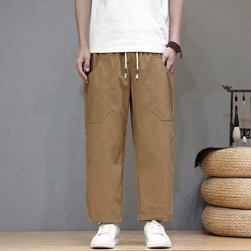 Buddha Stones夏用 無地 ドローストリング ストレートレッグ 7-8丈 メンズパンツ ポケット付き - image 25