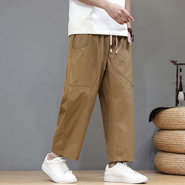 Buddha Stones夏用 無地 ドローストリング ストレートレッグ 7-8丈 メンズパンツ ポケット付き - image 30