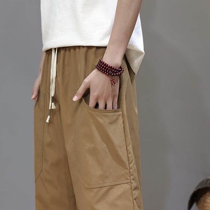Buddha Stones夏用 無地 ドローストリング ストレートレッグ 7-8丈 メンズパンツ ポケット付き - image 33