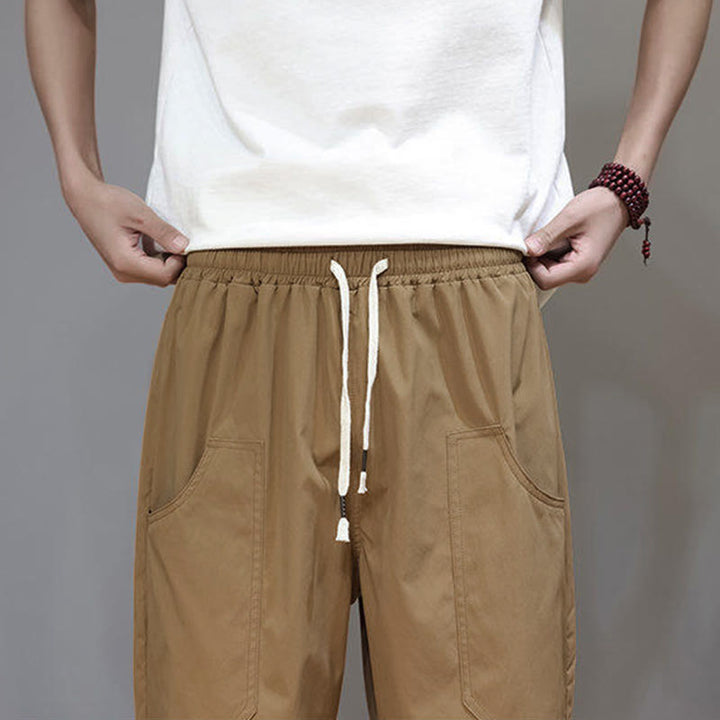 Buddha Stones夏用 無地 ドローストリング ストレートレッグ 7-8丈 メンズパンツ ポケット付き - image 32