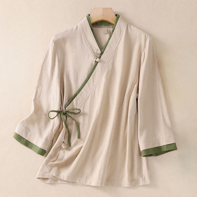 Buddha Stonesレトロ レースアップ フロッグボタンデザイン レディース 七分袖 コットンリネンシャツ - パパイヤホイップ - US8-10，UK/AU12-14，EU40-42 (2XL) - image 1