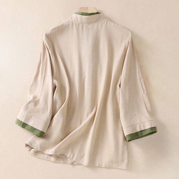 Buddha Stonesレトロ レースアップ フロッグボタンデザイン レディース 七分袖 コットンリネンシャツ - image 2