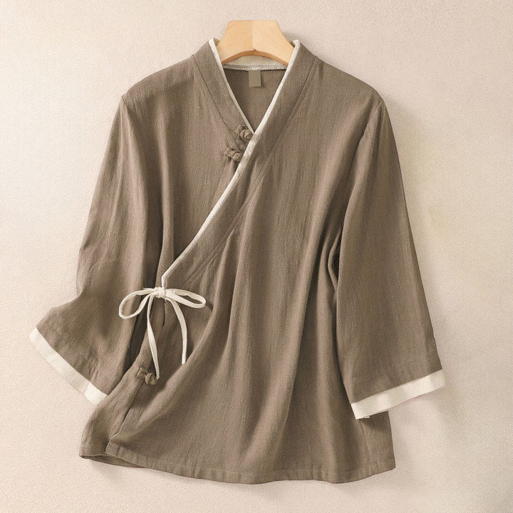 Buddha Stonesレトロ レースアップ フロッグボタンデザイン レディース 七分袖 コットンリネンシャツ - タン - US8-10，UK/AU12-14，EU40-42 (2XL) - image 14