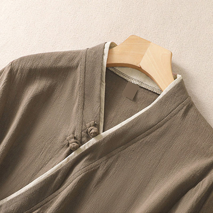 Buddha Stonesレトロ レースアップ フロッグボタンデザイン レディース 七分袖 コットンリネンシャツ - image 16