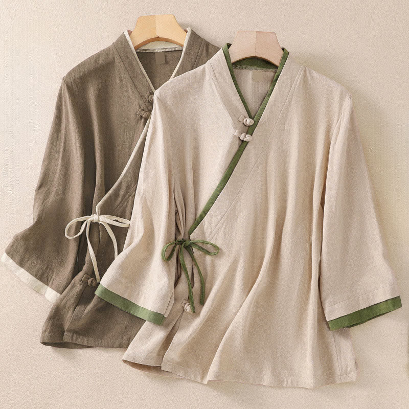 Buddha Stonesレトロ レースアップ フロッグボタンデザイン レディース 七分袖 コットンリネンシャツ - image 0