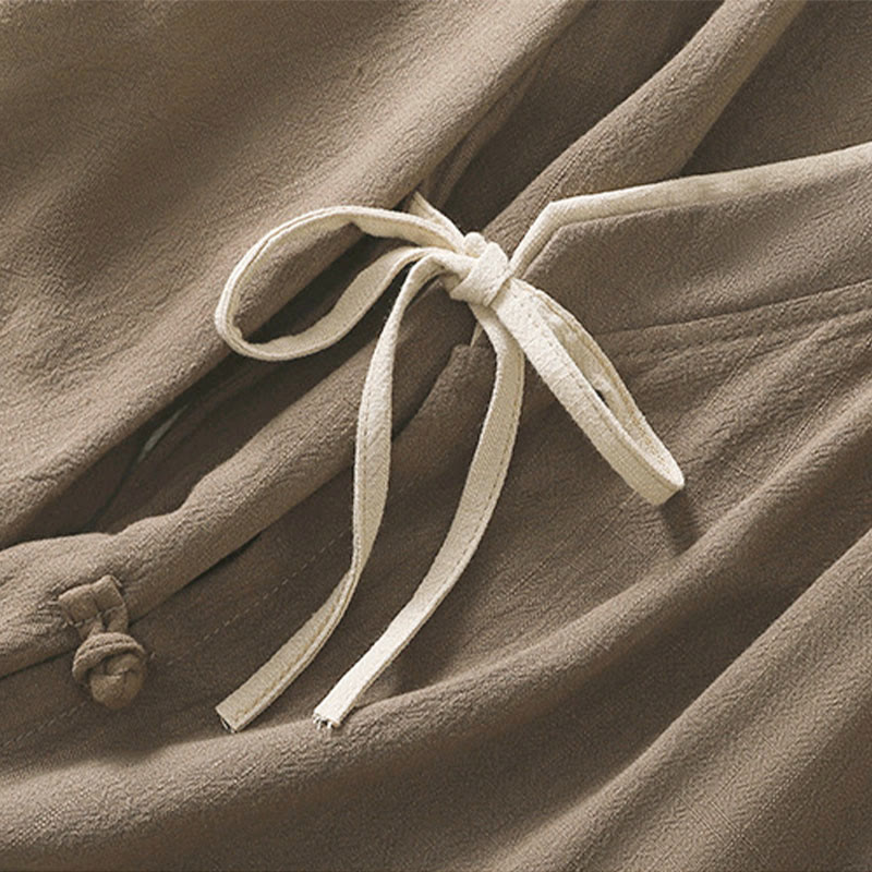 Buddha Stonesレトロ レースアップ フロッグボタンデザイン レディース 七分袖 コットンリネンシャツ - image 19