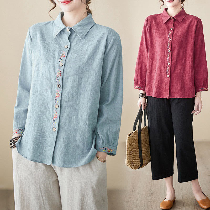 Buddha Stones春 無地 刺繍 花柄 ボタン レディース 長袖 コットン ラペルシャツ - image 28