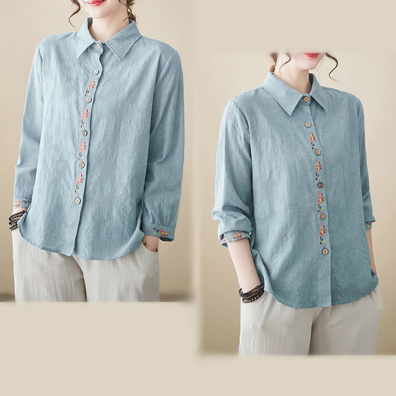 Buddha Stones春 無地 刺繍 花柄 ボタン レディース 長袖 コットン ラペルシャツ - image 6