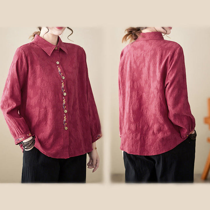 Buddha Stones春 無地 刺繍 花柄 ボタン レディース 長袖 コットン ラペルシャツ - image 27