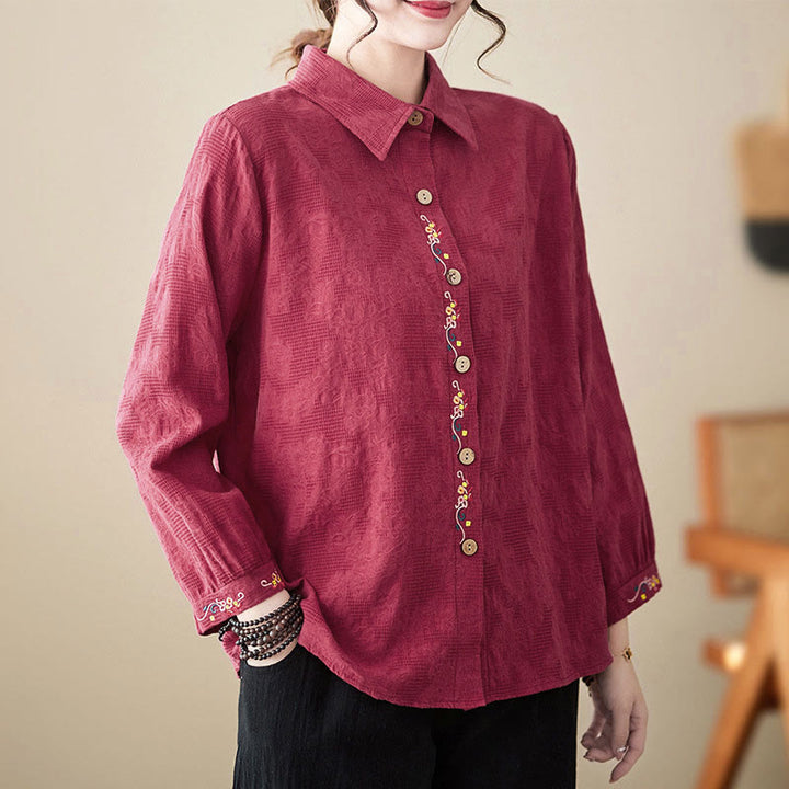 Buddha Stones春 無地 刺繍 花柄 ボタン レディース 長袖 コットン ラペルシャツ - ダークレッド - US12、 UK/AU16、 EU44 (3XL) - image 23