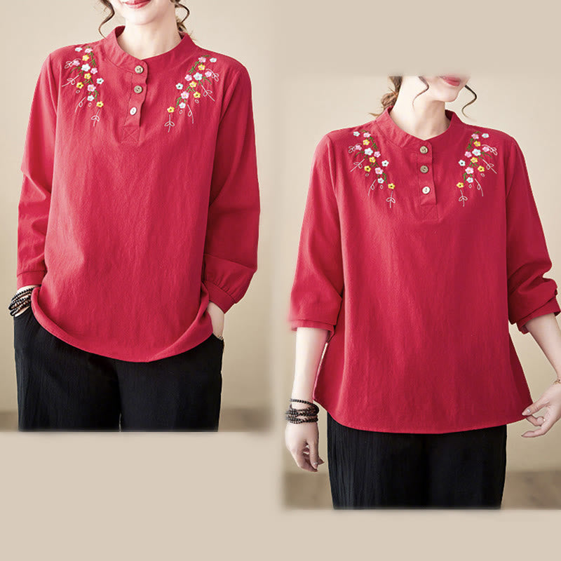 Buddha Stonesレディース 春 刺繍 花柄 スタンドカラー 長袖 コットンシャツ - image 24