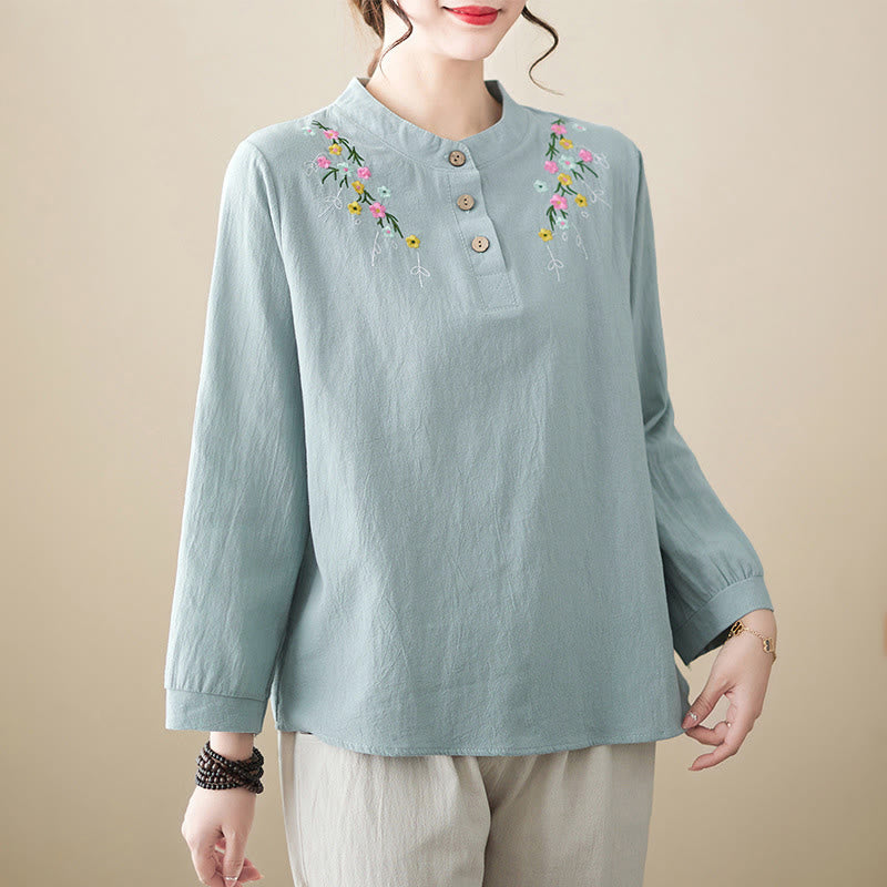 Buddha Stonesレディース 春 刺繍 花柄 スタンドカラー 長袖 コットンシャツ - 水色 - US12、 UK/AU16、 EU44 (3XL) - image 5