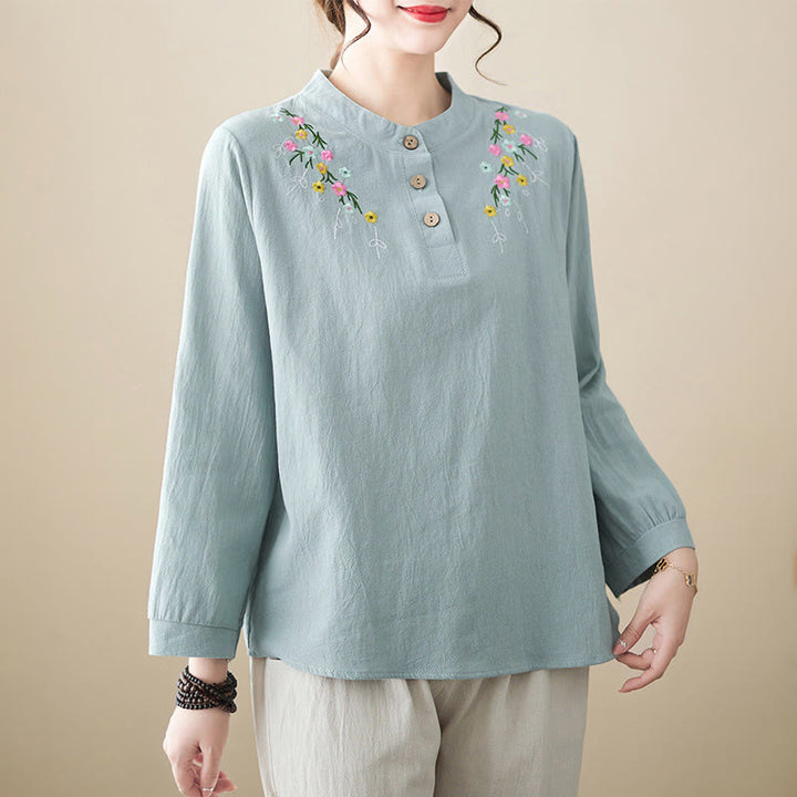 Buddha Stonesレディース 春 刺繍 花柄 スタンドカラー 長袖 コットンシャツ - 水色 - US12、 UK/AU16、 EU44 (3XL) - image 5