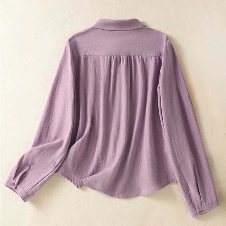 Buddha Stonesレディース 春 レトロ 無地 シンプル 刺繍 デザイン 長袖 コットン シャツ ポケット付き - image 1