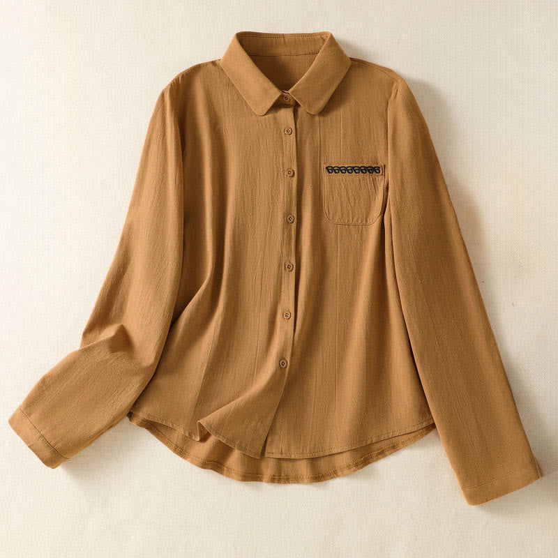 Buddha Stonesレディース 春 レトロ 無地 シンプル 刺繍 デザイン 長袖 コットン シャツ ポケット付き - ダークゴールデンロッド - US8-10，UK/AU12-14，EU40-42 (2XL) - image 26