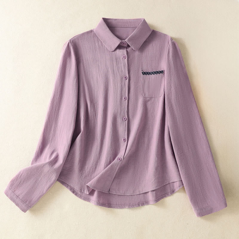 Buddha Stonesレディース 春 レトロ 無地 シンプル 刺繍 デザイン 長袖 コットン シャツ ポケット付き - 梅 - US8-10，UK/AU12-14，EU40-42 (2XL) - image 0