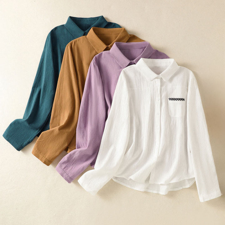 Buddha Stonesレディース 春 レトロ 無地 シンプル 刺繍 デザイン 長袖 コットン シャツ ポケット付き - image 32