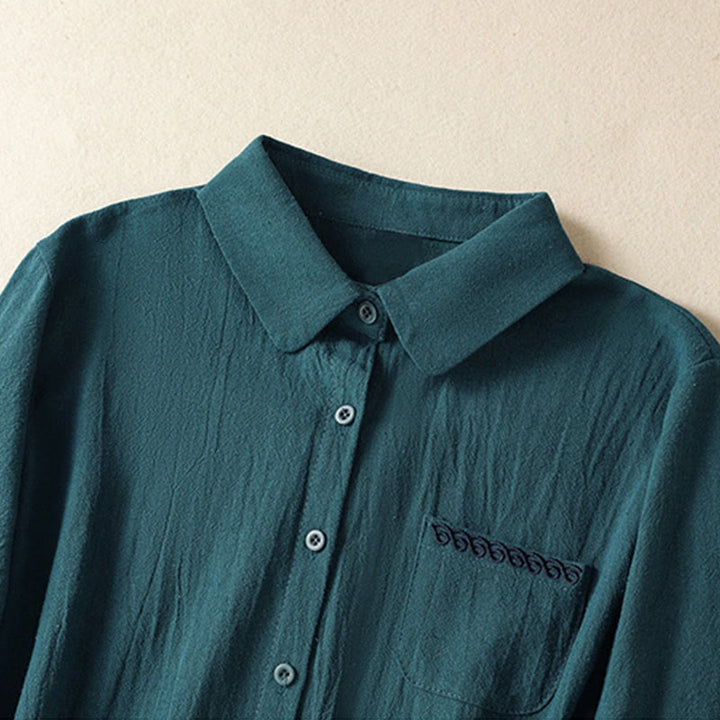 Buddha Stonesレディース 春 レトロ 無地 シンプル 刺繍 デザイン 長袖 コットン シャツ ポケット付き - image 18