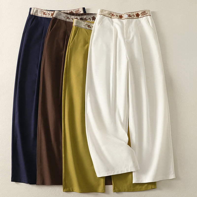 Buddha Stonesレディース 刺繍 伸縮性ウエストバンド ジッパーデザイン コットン ワイドレッグパンツ ポケット付き - image 0